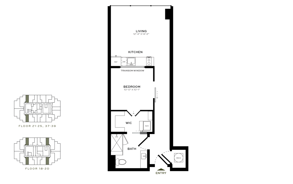 Unit A1 - 1 bedroom floorplan layout with 1 bath and 607 square feet.