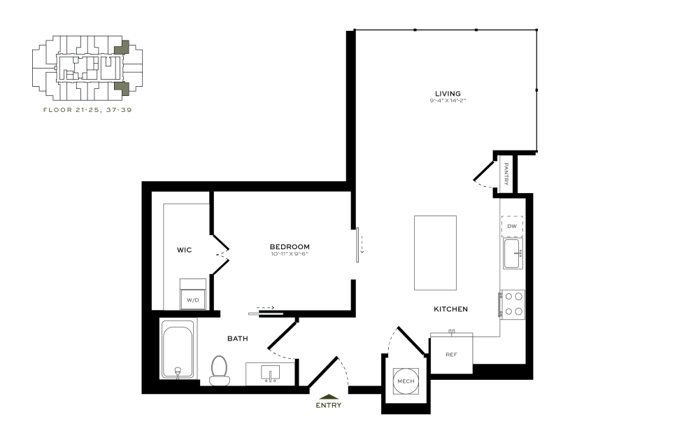Unit A2 - 1 bedroom floorplan layout with 1 bath and 689 square feet.