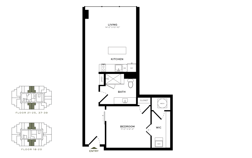 Unit A3 - 1 bedroom floorplan layout with 1 bath and 722 square feet.