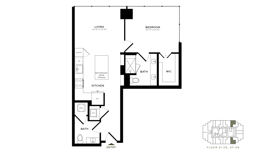 Unit A5 - 1 bedroom floorplan layout with 1.5 bath and 880 square feet.