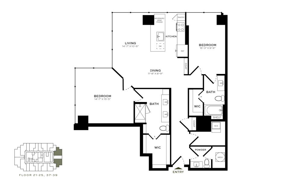 Unit B1 - 2 bedroom floorplan layout with 2.5 baths and 1337 square feet.
