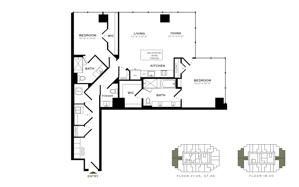Unit B3 - 2 bedroom floorplan layout with 2.5 baths and 1557 square feet.